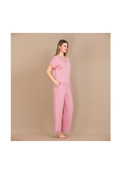 L'ombre Viskon Şık Tasarım Dantel İşlemeli Pembe Kısa Kol Pijama Takımı