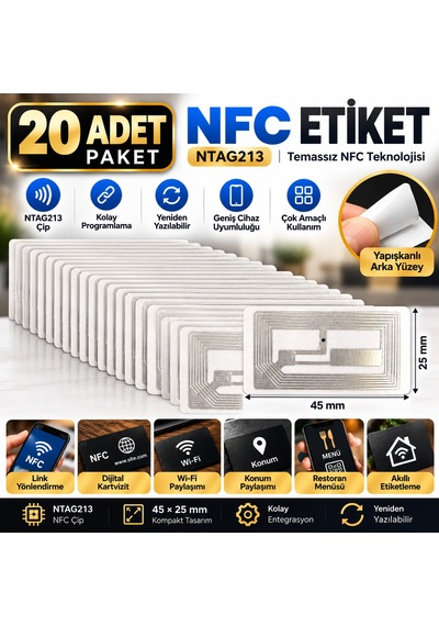 45x25 Mm Nfc Etiket Ntag213 Temassız Programlanabilir Nfc Sticker 20 Adet