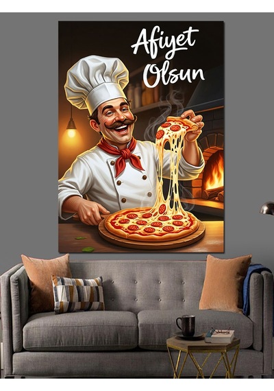 Fırında Pizza Yapan Şef Aşçı Dekoratif Kanvas - Mdf Ahşap Tablo