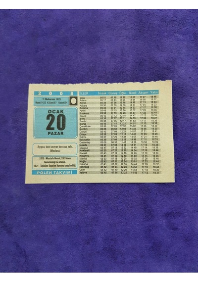 20 Ocak 2008 Takvim Yaprağı - Nostaljik Koleksiyonluk Takvim Yaprağı A