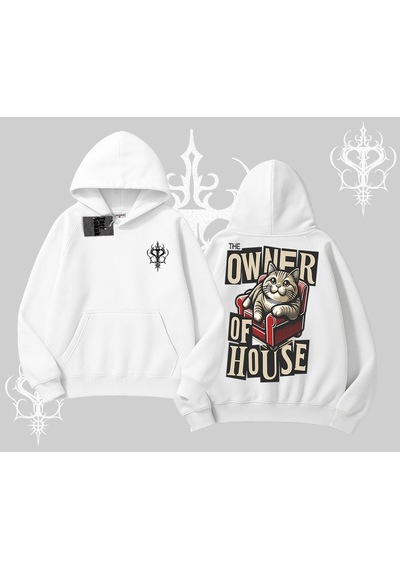 Startmore The Owner Of House Kedi Arka Baskılı Kapşonlu Sweatshirt Beyaz