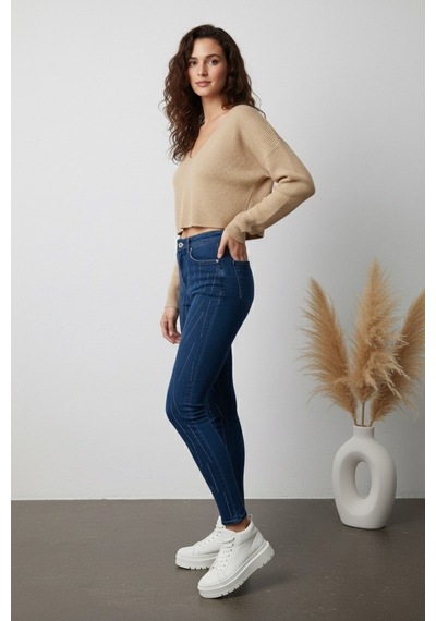Kene Jeans Kadın Çapraz Taşlı Lacivert Kot Dar Paça Lacivert