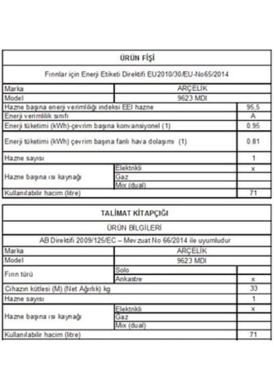 Arçelik 9623 MDI 71 LT Ankastre Fırın