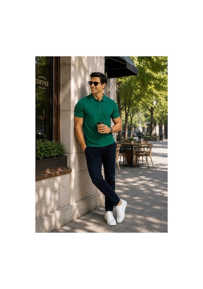 Luxıc Core Erkek Polo Yaka Yeşil Tişört Likralı Pike Kumaş Terletmez Slim Fit Günlük Şık Tasarım