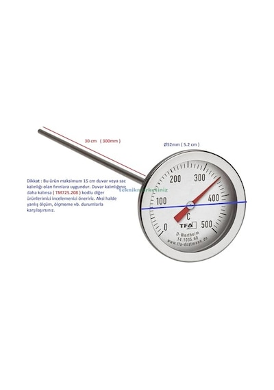 Teknikmarketiniz Ø52mm 0/500 C 30 Cm Dalma Boylu Fırın Termometresi, 30 Cm Problu 500 Derece Bahçe,pizza,pide,ekmek,köy,kara/taş Fırın Isı Gösterge Saati Tfa Dostmann Tm832.14.1035.60