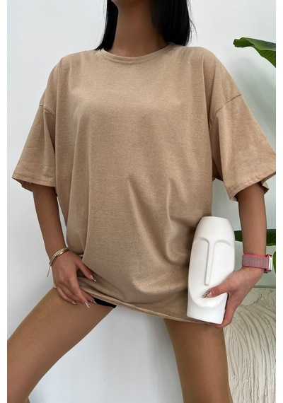 Startmore Unisex Pamuk Bisiklet Yaka Oversize T-shirt Bej