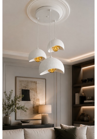 Beton Görünümlü 3'lü Sarkıt Avize Bohem Modern İskandinav Salon Yemek Masası Rustik Led Ampul Hediyeli Beyaz
