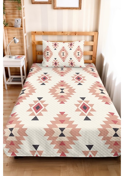 Etnik Geometrik Pudra Genç Odası Tek Kişilik Pike Takımı - Bohem Antrasit 160x220 Cm Yatak Örtüsü Ekru