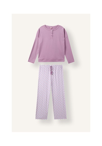 Defacto Relaxed Fit Uzun Kollu Düğmeli Desenli Pijama Takımı H9099ax26aupr461 Mor-pr461