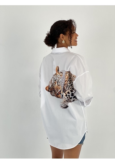 Miss Poem Kadın Sırt Leopar Desenli Beyaz Gömlek Beyaz