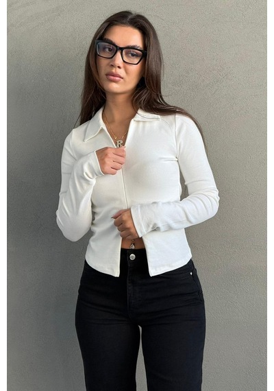 Beyaz Polo Yaka Çift Fermuarlı Slim Fit Kadın Body Mg2652 Beyaz