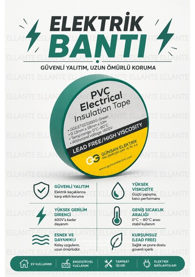 Yeşil Profesyonel Pvc Elektrik Bandı 18mm X 10m Güçlü Yapışkanlı, 600v Dayanımlı, Esnek İzolasyon