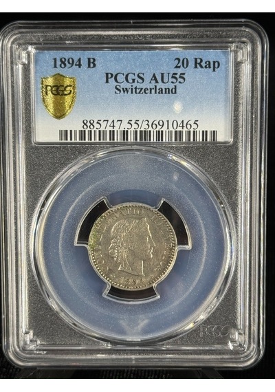 Pcgs Au55 1894 İsviçre 20 Rappen Qr Kodlu Sertifikalı Orijinal Koleksiyon Parası
