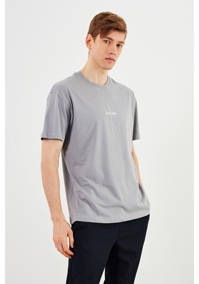 Leo Erkek Oversize Tshirt %100 Pamuk Bisiklet Yaka Baskı Detaylı Basic Tişört Mtlce87 Gri
