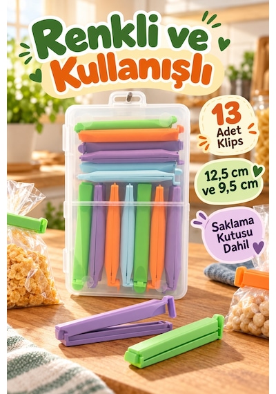 13 Adet Kutulu 2 Farklı Boy Renkli Poşet Kapatma Klipsi Mutfak Paket Ağzı Kapatıcı Düzenleyici Klips
