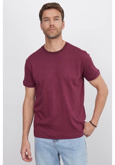 Tudors Unisex Relax Fit Rahat Kesim %100 Pamuk Yumuşak Dokulu Hafif Kalın Bordo Bisiklet Yaka Tişört-35717 Bordo