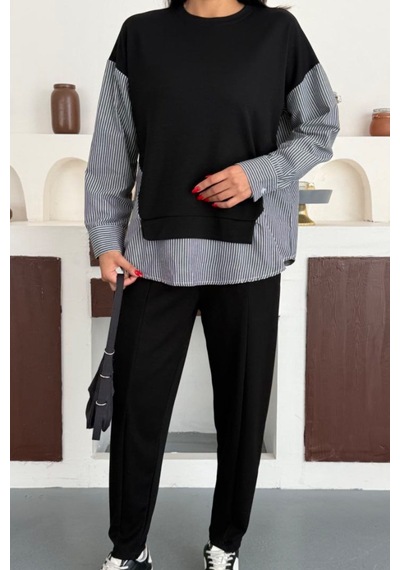 Ded Collectıon Kadın Çizgili Uzun Kollu Gömlek Detaylı Yuvarlak Yaka Sweatshirt Modal Takım Siyah