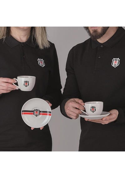 Beşiktaş Lisanslı Çizgili 2'li Çay Fincan Takımı Beyaz - Siyah