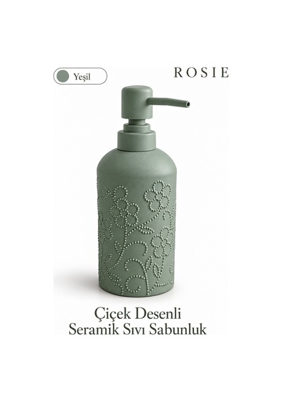 Rosıe Adaçayı Yeşili Çiçek Dokulu Yuvarlak Seramik Sıvı Sabunluk 350 Ml Karışık