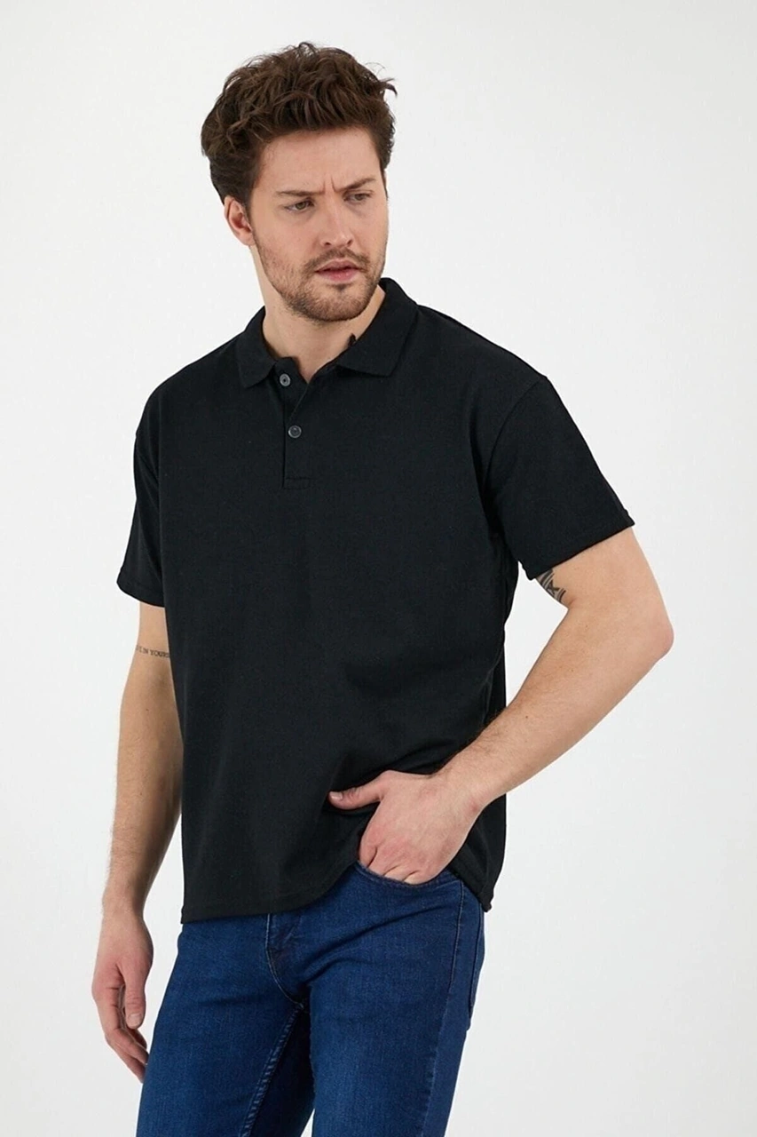 Veaven 3'lü Siyah %100 Pamuk Slim Fit Polo Yaka T-shirt Paketi Siyah