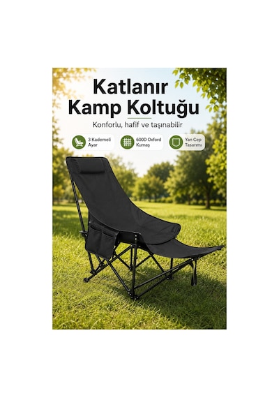 Katlanır Kamp Sandalyesi, Oturma Veya Uzanma Pozisyonunda Kullanılabilir, Çok Pozisyonlu Ayarlanabilir, Siyah.