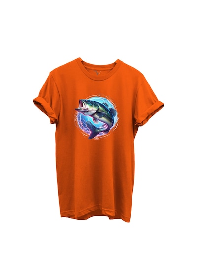 Renkli Neon Balık Desenli %100 Pamuk Regular Fit Unisex T-shirt Turuncu