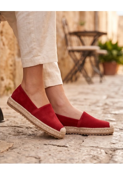 Futsishoes Lucıa Kırmızı Hakiki Süet Deri Dikiş Detaylı Kadın Espadril