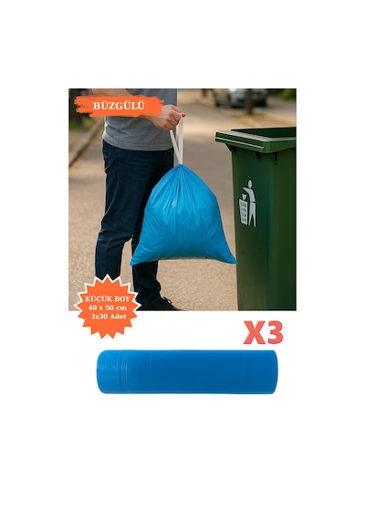 Premium Büzgülü Küçük Boy Çöp Poşeti 40x50 Cm 3x30 Adet Ev Mutfak İş Ofis Avantajlı Ekonomik Paket
