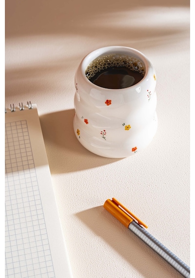 Rivaistanbul Minimal Çiçekler Amore El Yapımı Seramik Double Kahve Bardağı Mug Kupa Krem