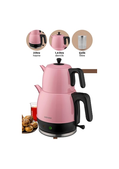 Demlika Pembe Xl Geniş Hazneli Damlatmaz Paslanmaz Çelik Çay Makinesi Ve Su Isıtıcısı, 2 Litre Hazne, 1,4 Litre D Diğer