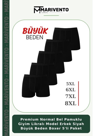 Marivento Premium Normal Bel Pamuklu Giyim Likralı Model Erkek Siyah Büyük Beden Boxer 5'li Paket
