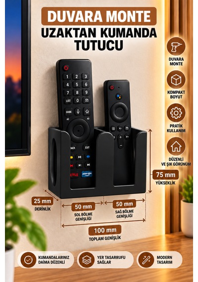 Veriqo 3d Duvara Monte 2'li Uzaktan Kumanda Tutucu Tv Kumandalık Düzenleyici Siyah