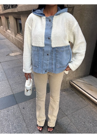 Esra Butik78 Kadın %100 Pamuk Kapüşonlu Çıtçıtlı Denim Detaylı Peluş Ceket Oversize Günlük Mont Beyaz Esra Butik78 Kadın %100 Pamuk Kapüşonlu Çıtçıtlı Denim Detaylı Peluş Ceket Oversize Günlük Mont Beyaz