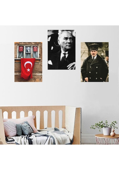 3'lü Mustafa Kemal Atatürk Yapışkanlı 21x30 Poster Sticker Etiket Çok Renkli