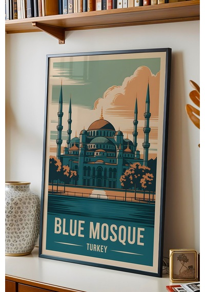 İstanbul Blue Mosque Tablo - Sultanahmet Camii Retro Poster - Şehir Serisi - Çerçeveli Duvar Dekoru Siyah