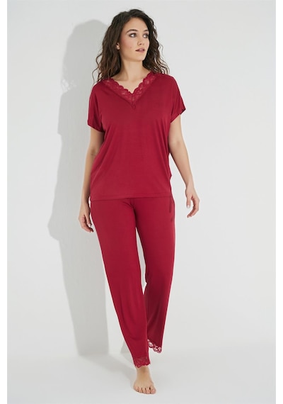 Monamise Kısa Kollu V Yakalı Dantelli Pijama Takımı 18495 Siyah