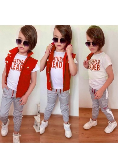 Erkek Çocuk Denim Yelekli Kırmızı Takım