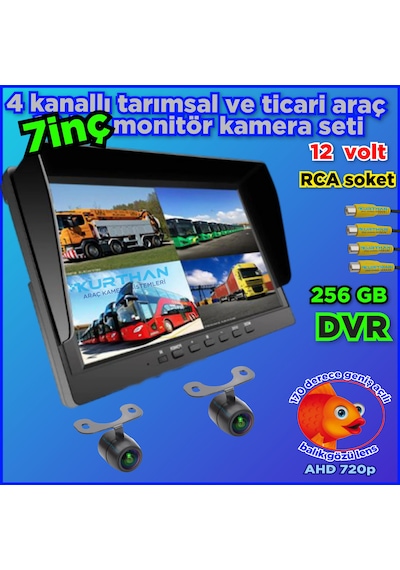 2 Adet Ledsiz Ahd 720p 170'' Balık Gözü Lens Kelebek Kamera 256 Gb 7 İnç Hybrid Dvr Monitör 12 Volt