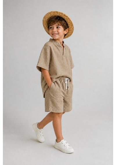Eray Alp Kids Erkek Çocuk Bej Keten Tişört Şort Takımı Yazlık Günlük Model