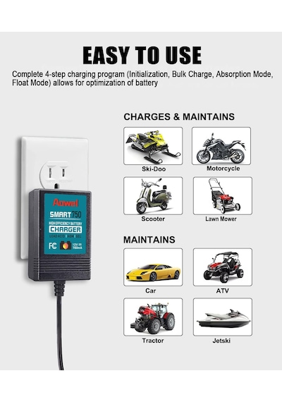 Tr Akıllı Şarj Cihazı 12 V 750 Ma Tam Otomatik Akü Şarj Cihazı/araba, Motosiklet, Atv, Utv İçin Bakım Cihazı