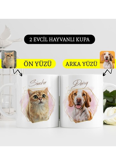 Bk Gift Kişiye Özel İki Evcil Hayvan Karikatürlü Beyaz Kupa Bardak-2, Arkadaşa Hediye, Sevgiliye Hediye Kobitmeyencom33908 Bk Gift