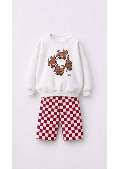 Magu Kız Çocuk Kedi Baskılı Ekru Sweatshirt Ve Kırmızı Dama Desenli Eşofman Takımı Çok Renkli
