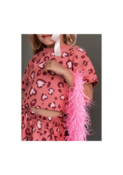 Poala Kids Pembe Leopar Şort Crop Takım