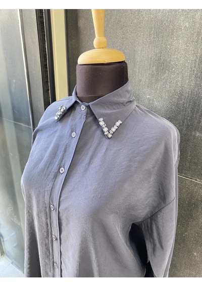 Pera Moda Yakası Taşlı Modal Kumaş Oversize Kadın Gömleği Antrasit