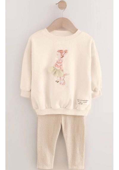Kız Çocuk Balerin 3d Tütü Aplike Detaylı Sweatshirt Çizgili Tayt Alt Üst Takım KREM