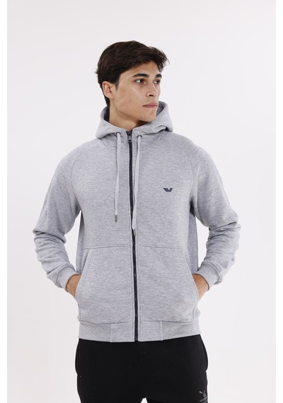 Rowinger Raglan Kol Tam Fermuarlı Kordonlu Kapüşon Kanguru Cepli Süper Koton Rahat Kalıp Kapüşonlu Sweatshirt Grey