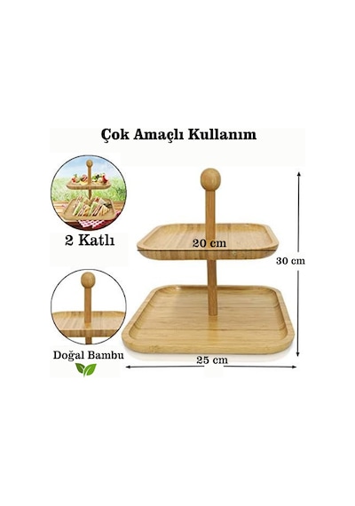Bambu 2 Katlı Şekerlik Doğal Ahşap İki Gözlü Atıştırmalık Ve Sunum Kabı Pratik Ve Şık Tasarımıyla Çay Saati Sunumlarına Uygun Fonksiyonel Bambu İkramlık Servis Kutusu Çok Renkli