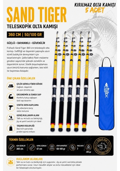 Full Set Profesyonel 5'li Sazan Olta Seti - Xl - Kırılmaz Kamış - 3.60m/50-gr