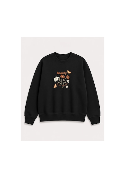 Herkesemoda Beauty Baskı Detaylı Bisiklet Yaka Şardonlu 2 İplik Sweatshirt Siyah