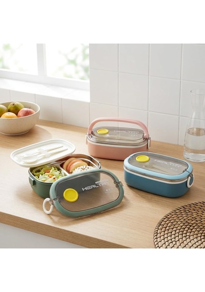Paslanmaz Çelik Yemek Kabı 750 Ml, Çatal Kaşık Dahil, Kilitli Kapaklı Lunch Box, Yemek Taşıma Ve Saklama Kabı, 21x12x7,50 Cm, Yeşil/pembe/mavi Çok Renkli